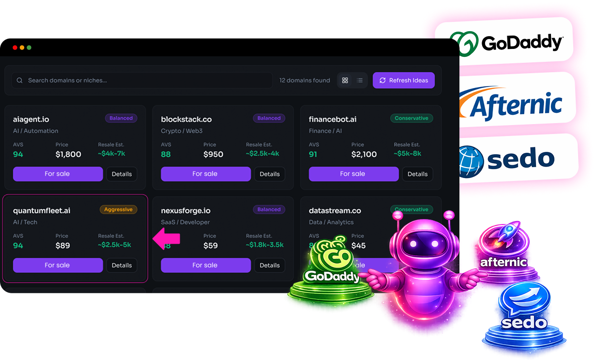 AIFlipDomains domain discovery engine dashboard screenshot