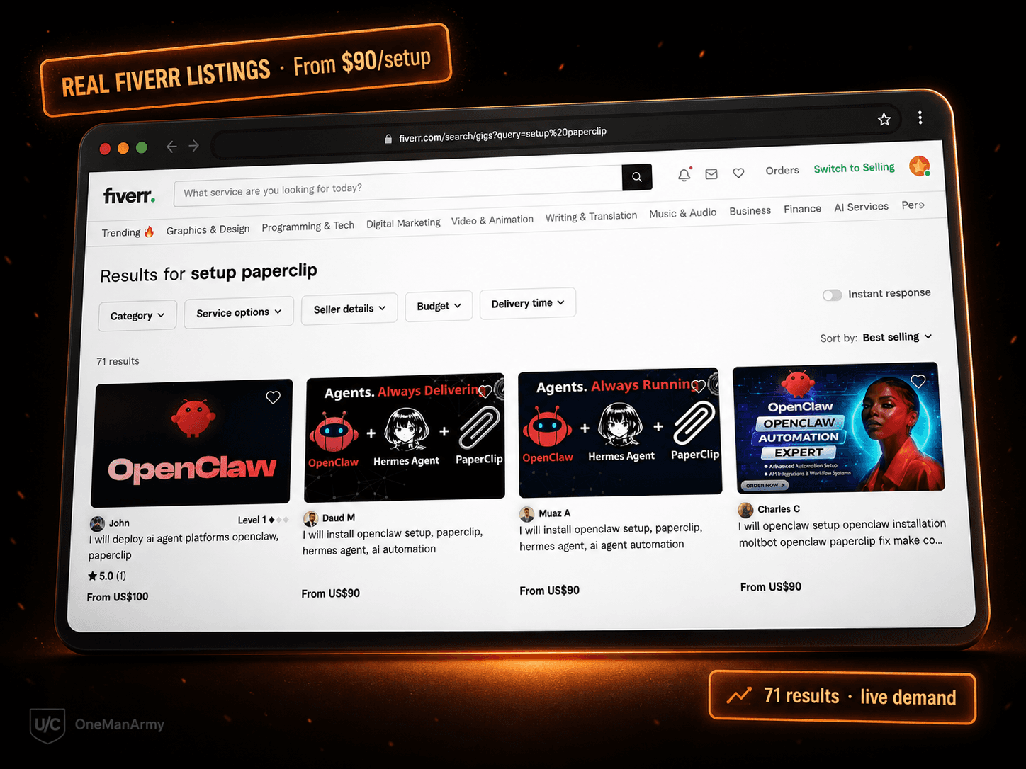 OneManArmy Review — Fiverr proof of live gigs for bot setup