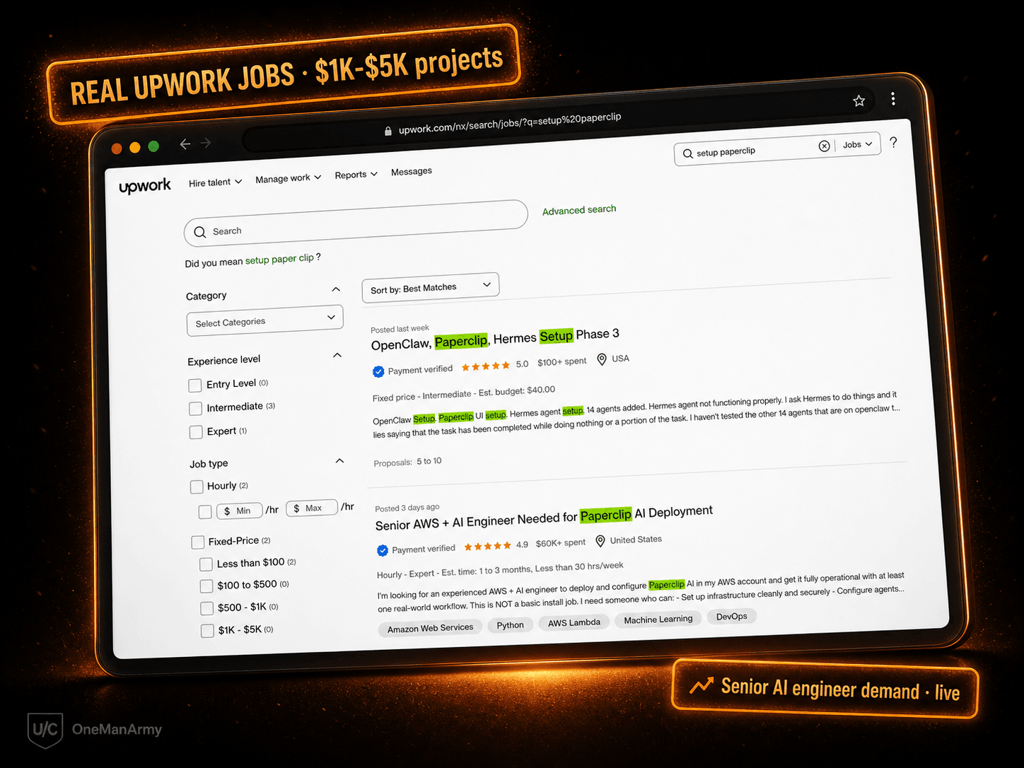 OneManArmy Review — Upwork proof of AI agent setup earnings