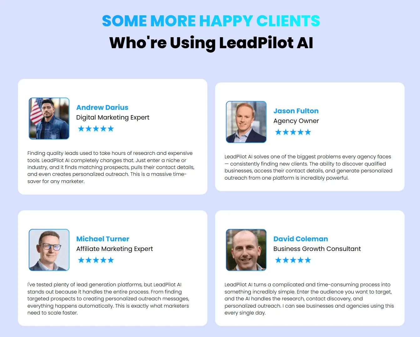 LeadPilot AI Review additional customer testimonials screenshot from vendor sales page