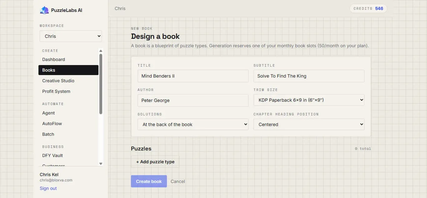 AI puzzle book software app builder screenshot showing puzzle type selection and KDP trim size picker