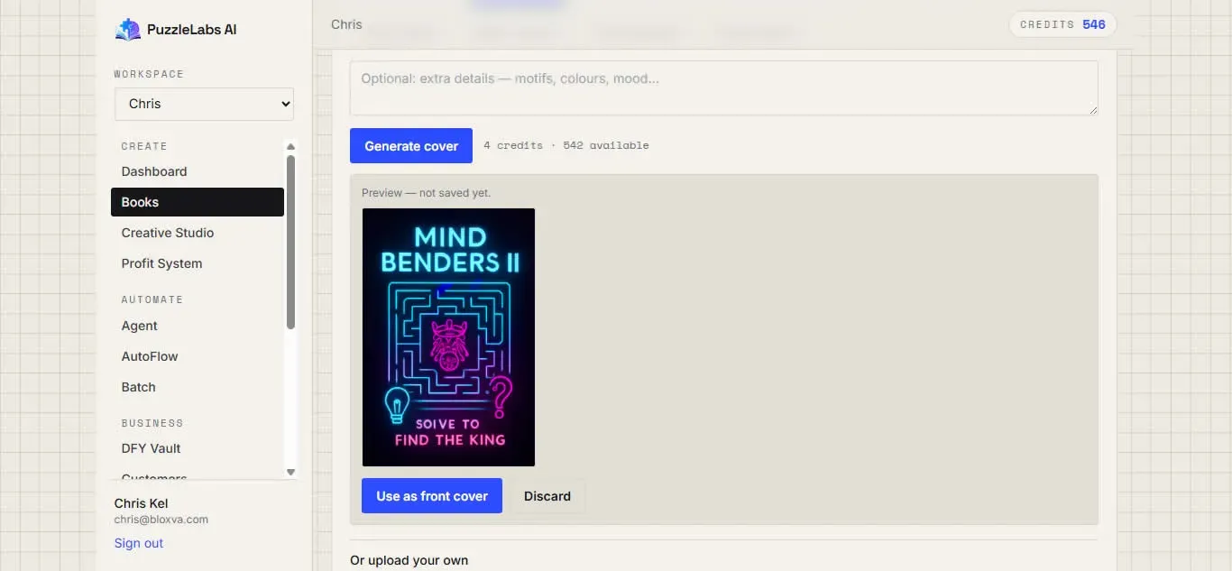 murder mystery puzzle book creator app cover screenshot showing AI-generated on-theme print-ready cover design