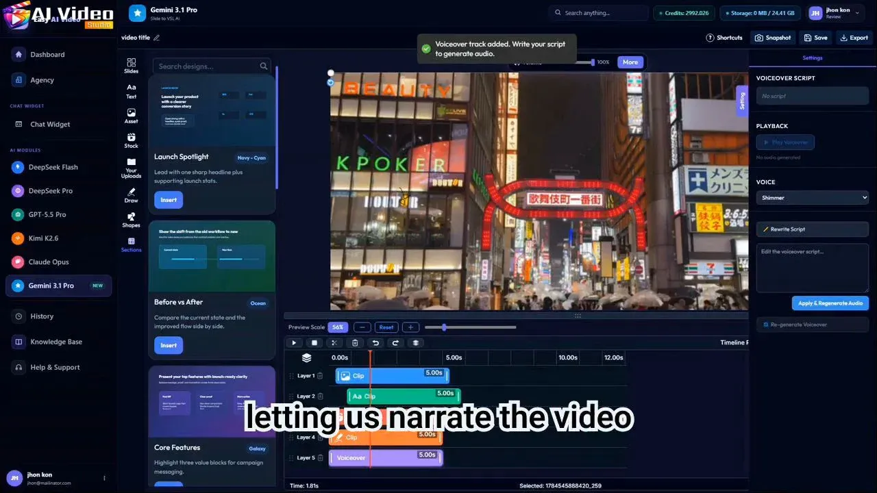 AI Video Studio Review built-in editor timeline and export view