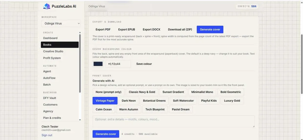 KDP puzzle book generator app export screenshot showing PDF EPUB Word and ZIP export options