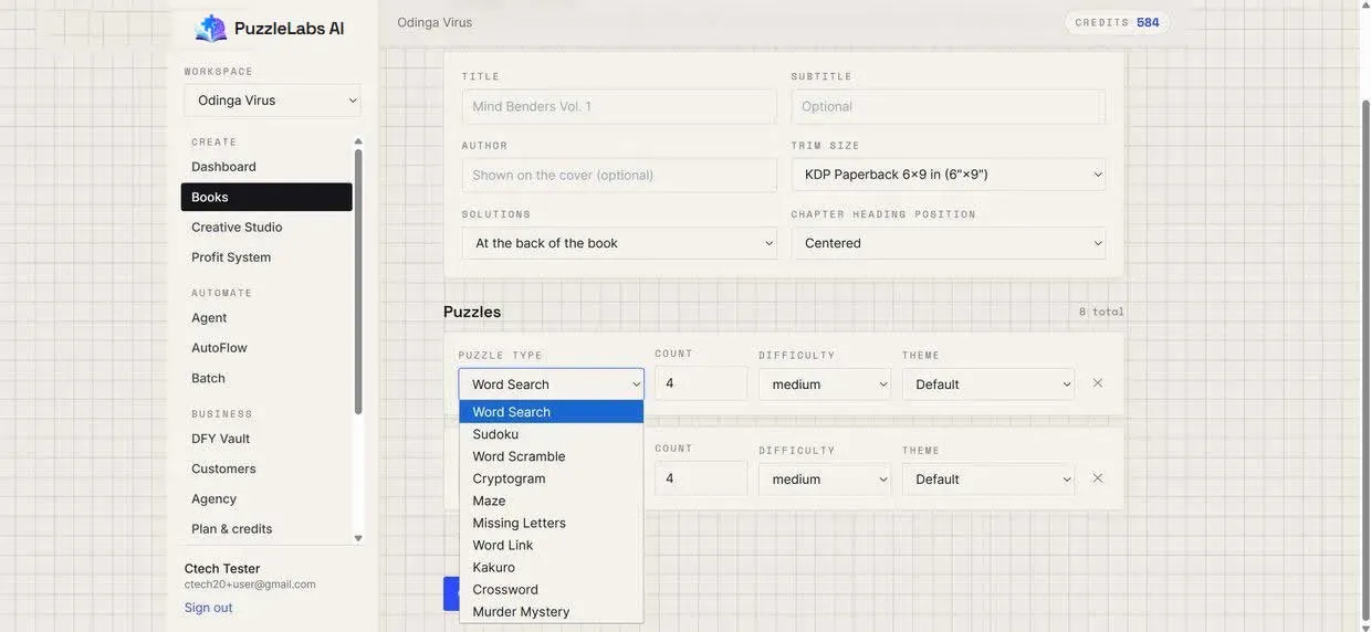 PuzzleLabs AI app engines screenshot showing all five front-end puzzle engines unlocked