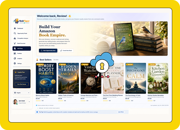 BookFlipper AI dashboard showing manuscript generation in progress