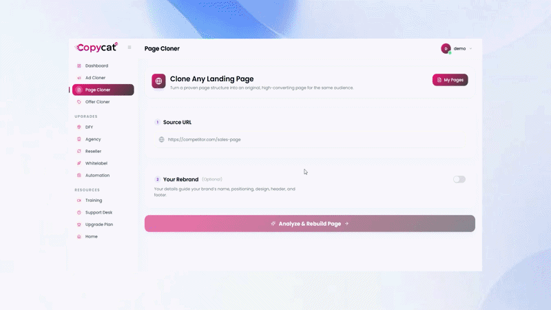 CopyCat AI Sales Page Cloner in action