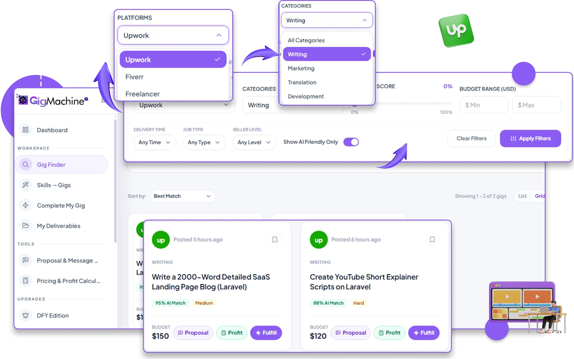 GigMachine AI dashboard showing gig discovery interface for Fiverr and Upwork