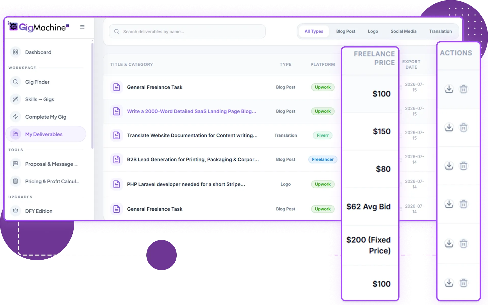 GigMachine AI review and delivery interface showing finished freelance work