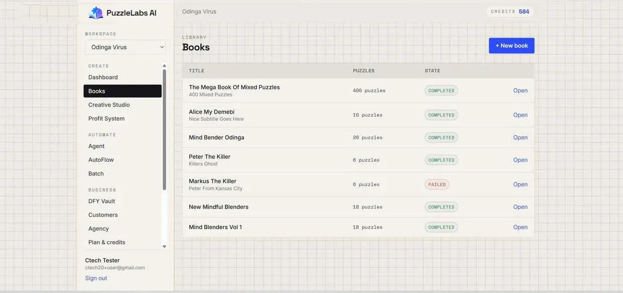 KDP puzzle book generator app library screenshot showing finished verified puzzle books ready to publish