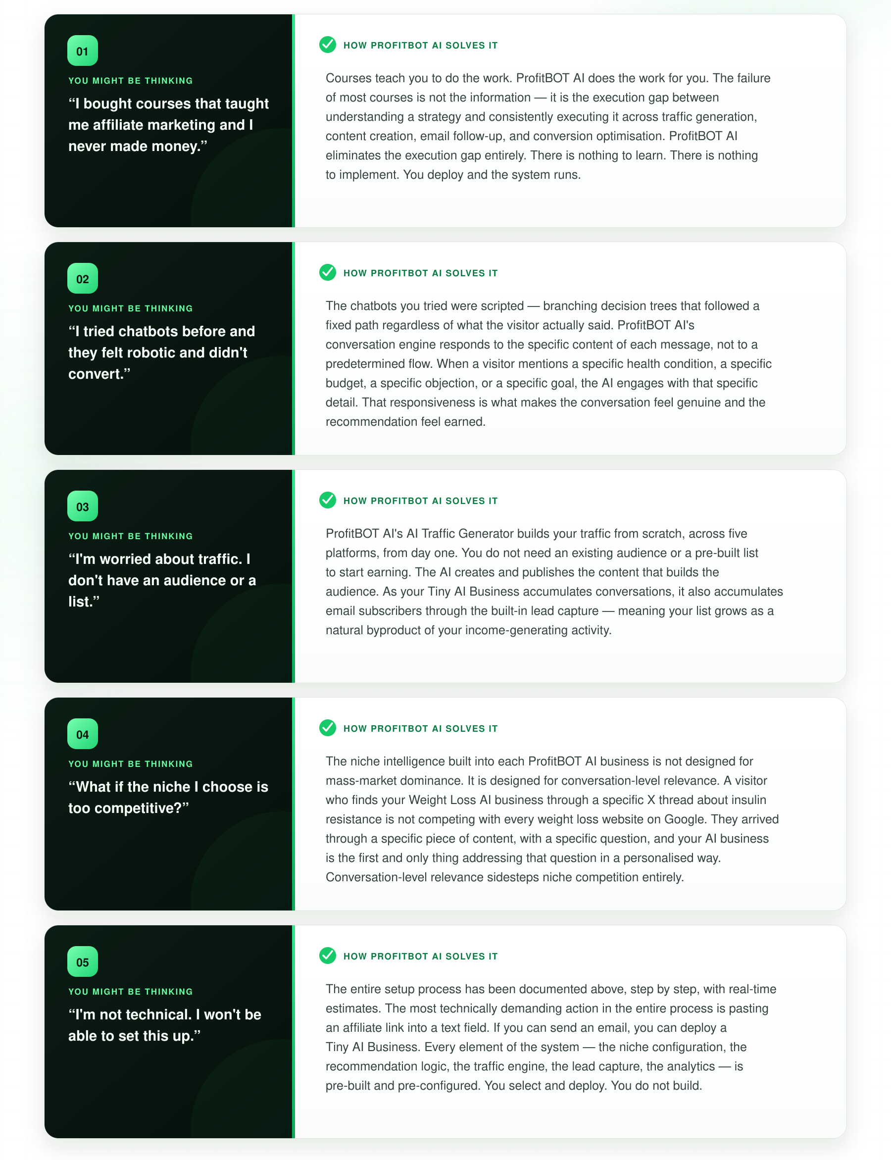 ProfitBOT Review — objections section breaking down the most common buyer concerns about autonomous AI income agents
