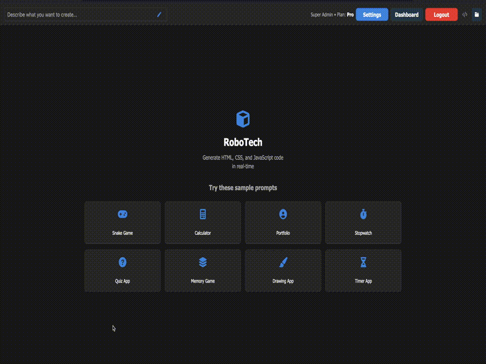 RoboTech AI software creator generating functional code in real time