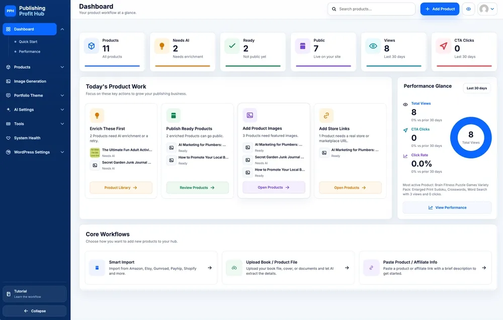 Digital Profit Stack AI Review demo slide showing the import dashboard and AI promotion workflow