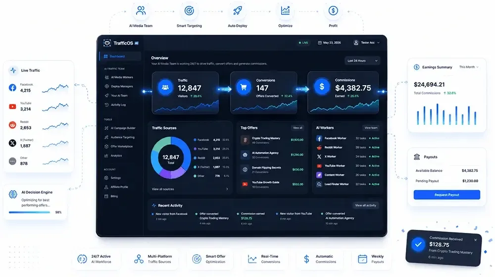 TrafficOS AI traffic deployment and monetization screen