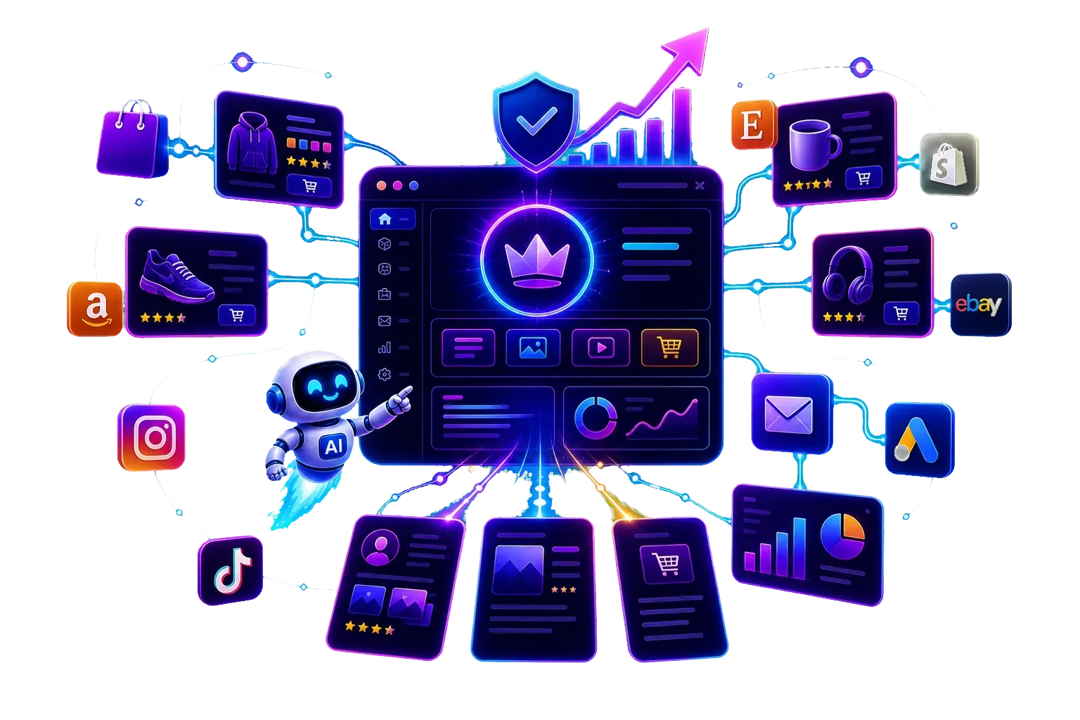 Digital Profit Stack AI Review brand hub connecting marketplaces, social channels and analytics