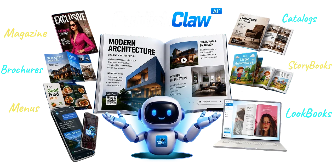 PublishClaw AI Review dashboard mockup showing digital publication creation
