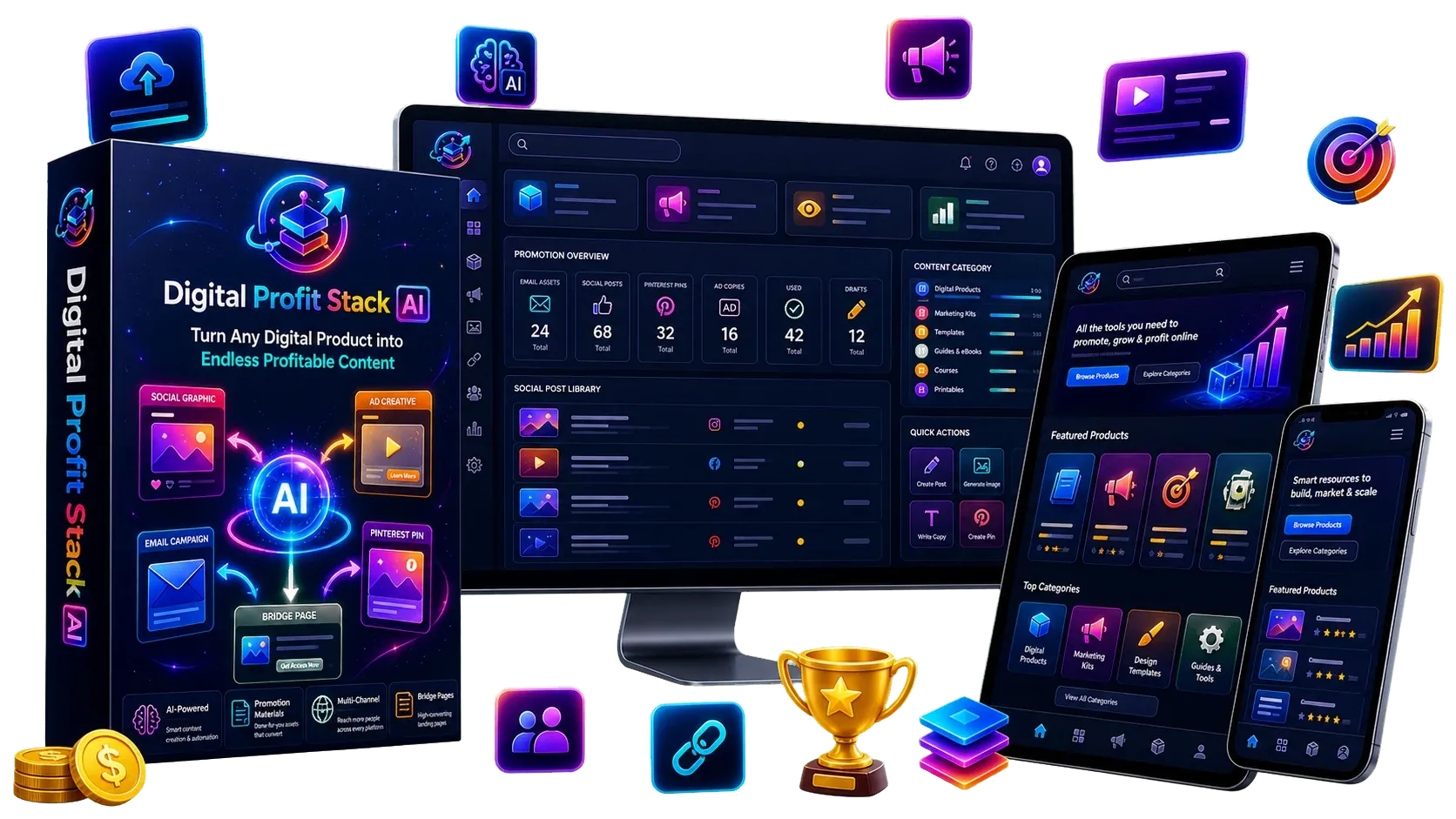Digital Profit Stack AI Review hero bundle showing the self-hosted WordPress AI promotion platform