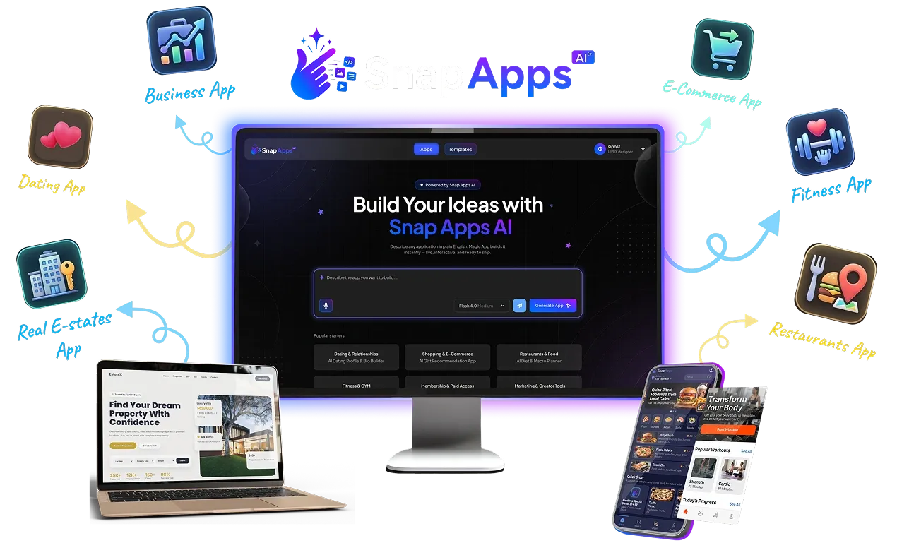 Snap Apps AI Review dashboard showing AI app builder interface with Telegram command