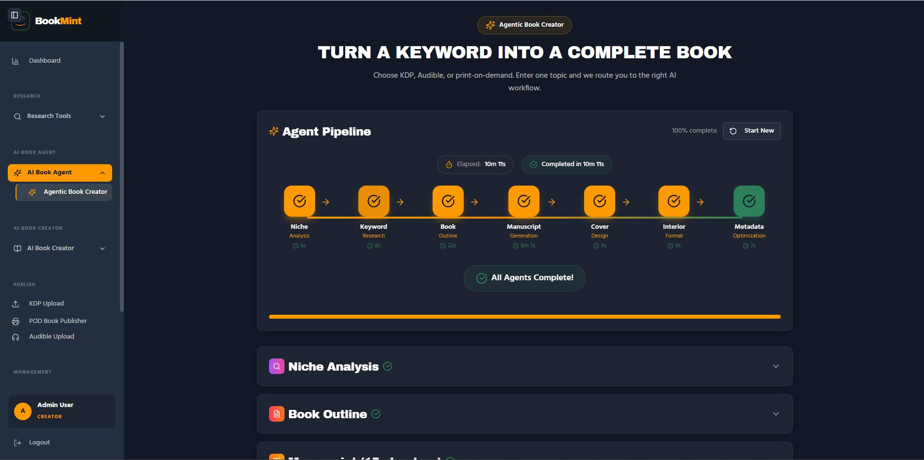BookMint AI book publishing agent workflow step 1