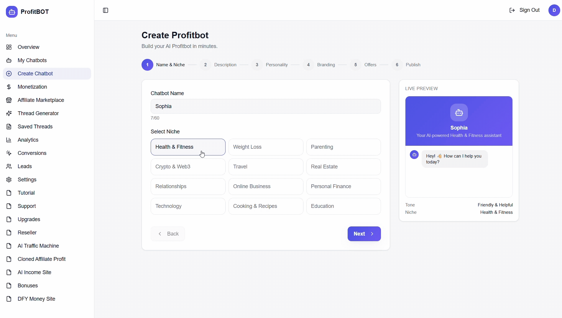 ProfitBOT review dashboard analytics showing conversation metrics