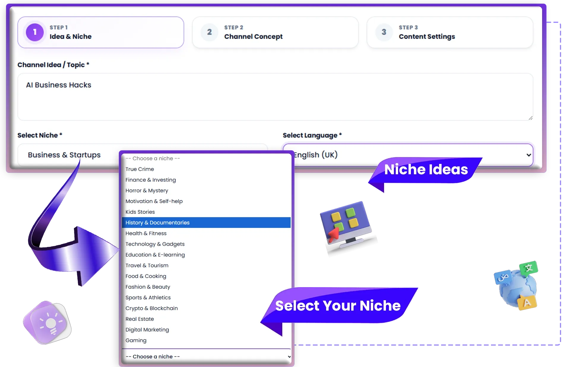 ChannelEmpire 2.0 Step 1 - Niche selection interface