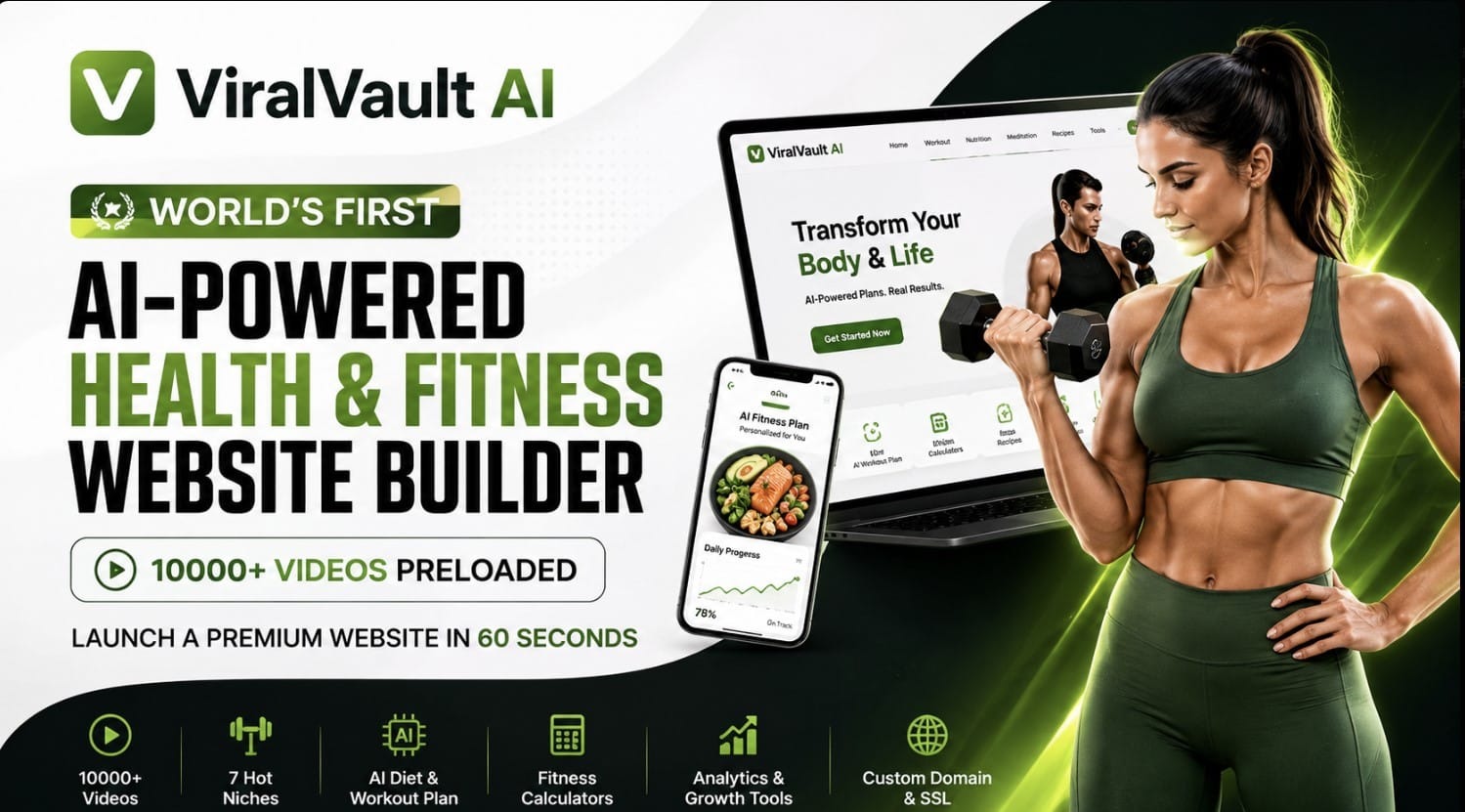 ViralVault AI review demo video poster showing a money-ready fitness website build
