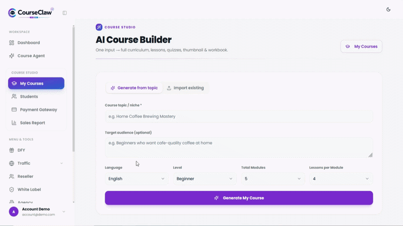 CourseClaw AI review step 1 input demo