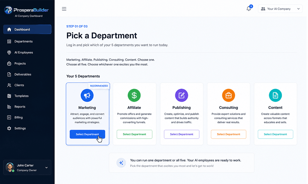 ProsperaBuilder review step 1 pick a department inside the dashboard