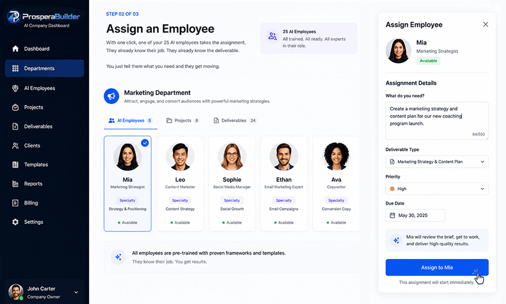ProsperaBuilder review step 2 assign a trained AI employee