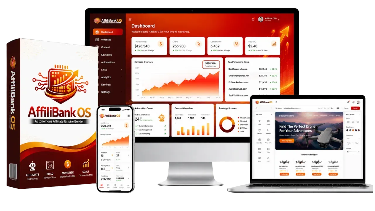 AffiliBank OS review - autonomous affiliate site builder dashboard