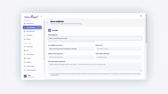 WebinarJack AI review step 1 paste sales page URL demo