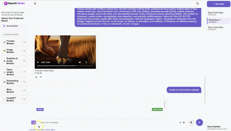 OpenAI Studio demo - Step 1: Pick your AI agent from the dashboard