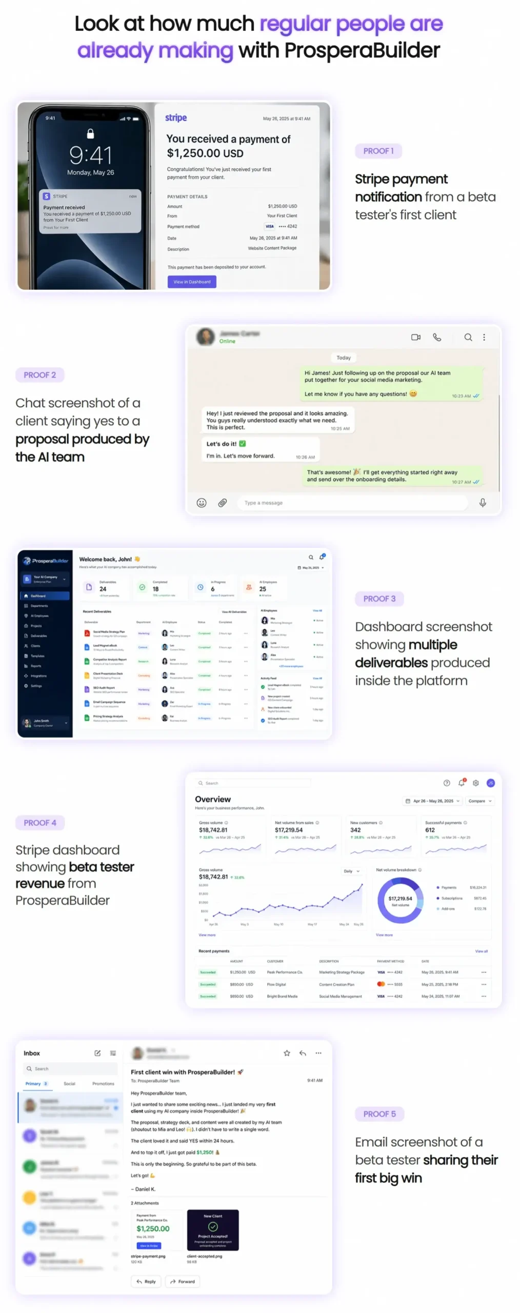 ProsperaBuilder customer reviews with Stripe and client proof screenshots