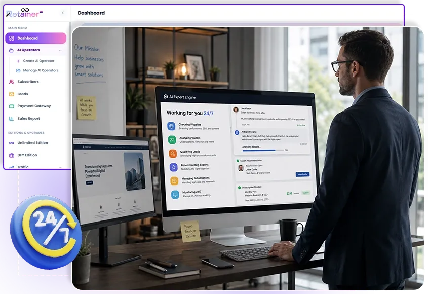 Retainer AI Review — 24/7 AI expert engine performing a live website audit in chat