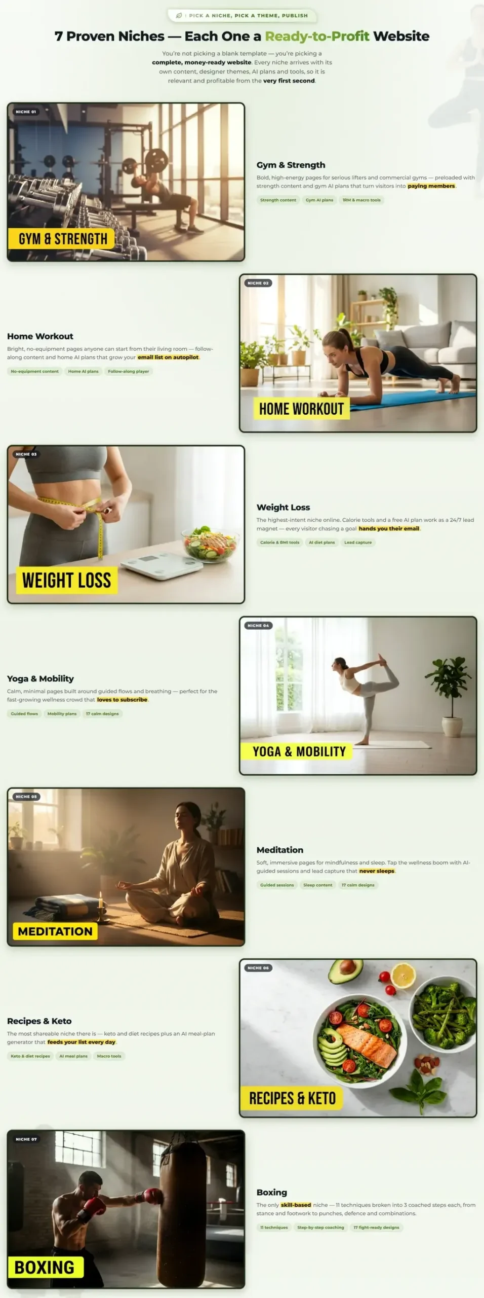 ViralVault AI review of the 7 preloaded fitness niches including gym yoga and keto recipes