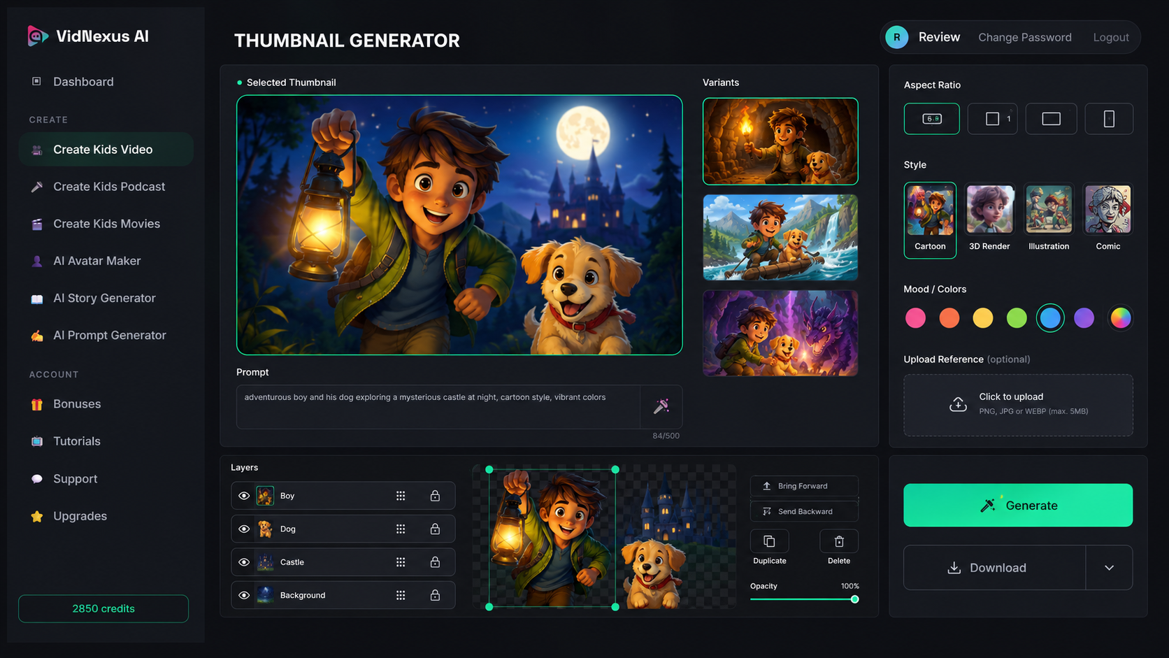 VidNexus AI Review — dashboard screenshot showing scene image generation pipeline step 1