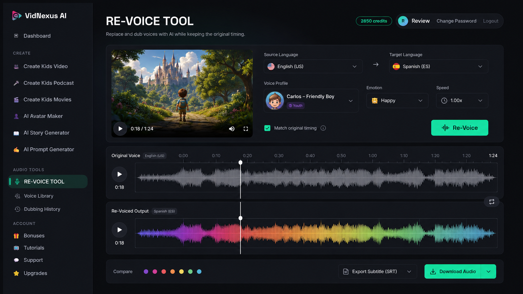 VidNexus AI Review — dashboard screenshot showing voiceover synthesis and lip-sync preview step 3