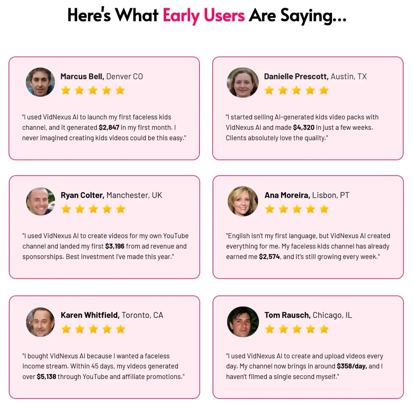 VidNexus AI Review — real customer feedback screenshots collected from the vendor's launch page