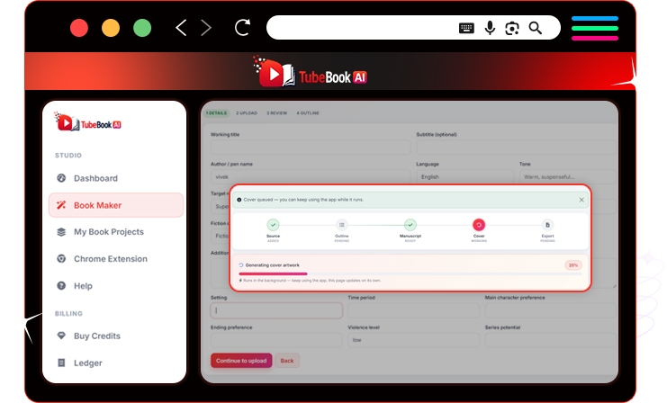 TubeBook AI transcript cleaner module screenshot