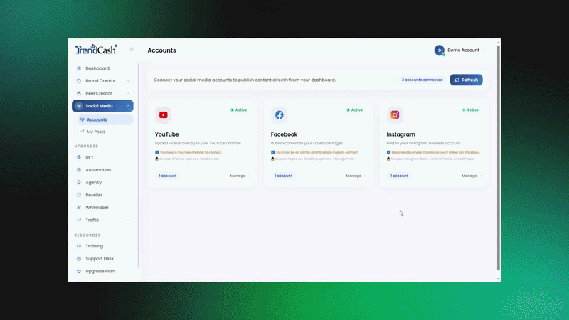TrendCash AI step 3 publish reels