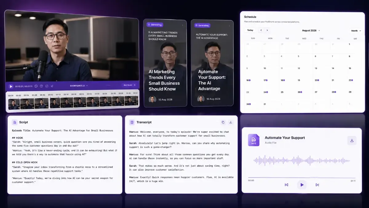 PodShorts outputs from AI podcast hosts and generated clips