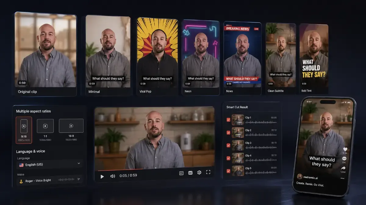 Reel Remix review of wow outputs — one source clip fanned into multiple finished variations