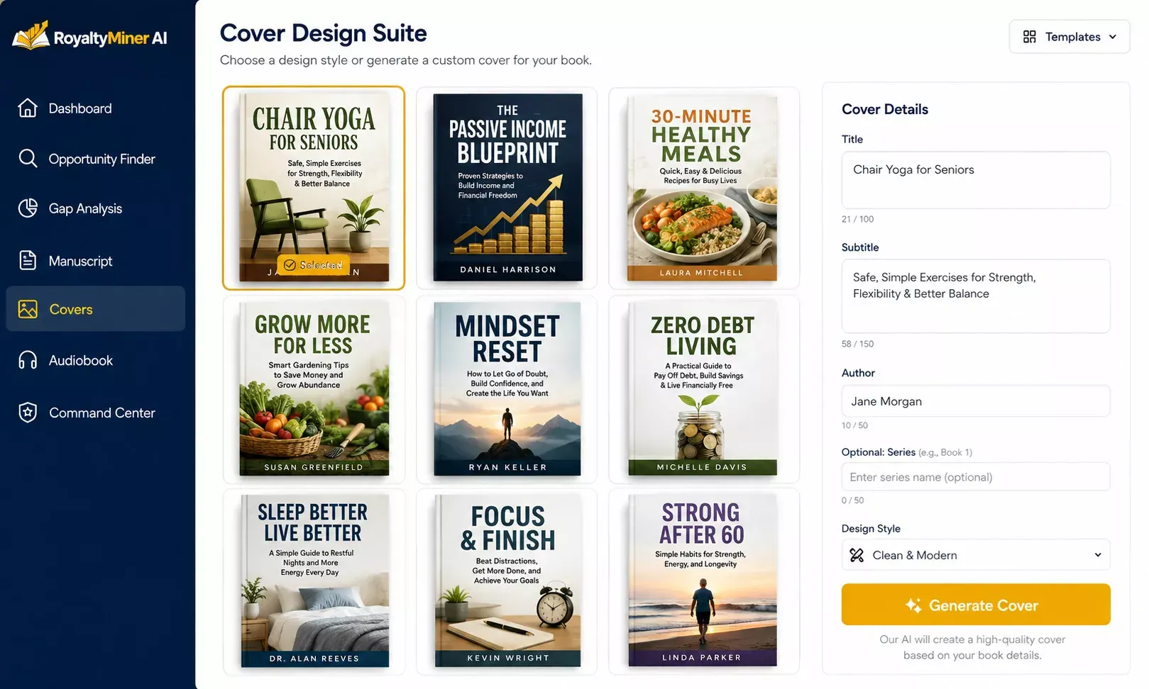 RoyaltyMiner AI review — Cover Design Suite screen with genre-matched templates
