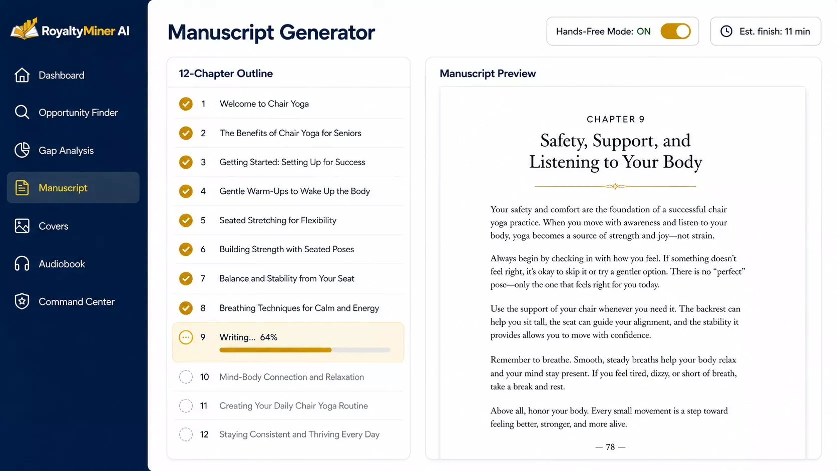 RoyaltyMiner AI review — Audiobook Studio screen with AI voice library