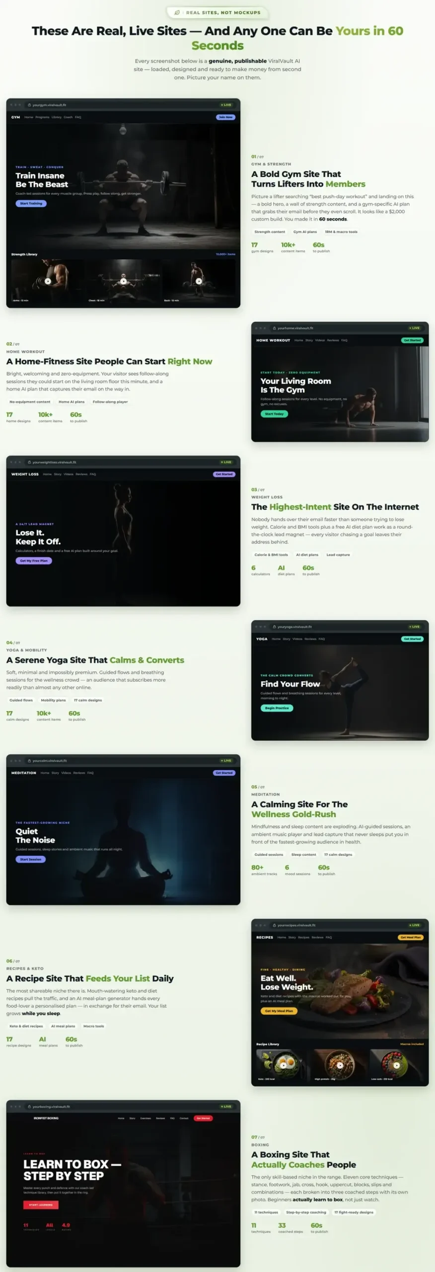 ViralVault AI review sample of a published AI fitness website with store and lead capture