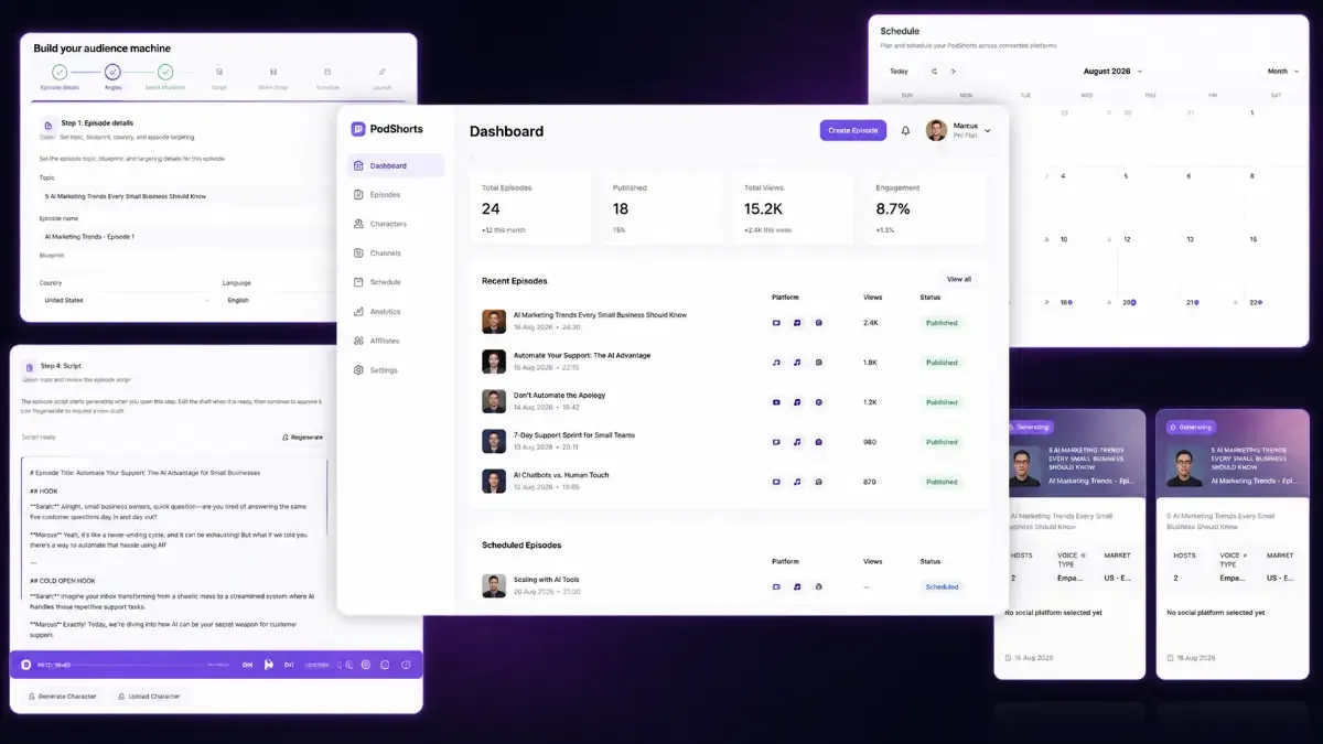 PodShorts composite showing topic research, AI podcast creation, and short clips