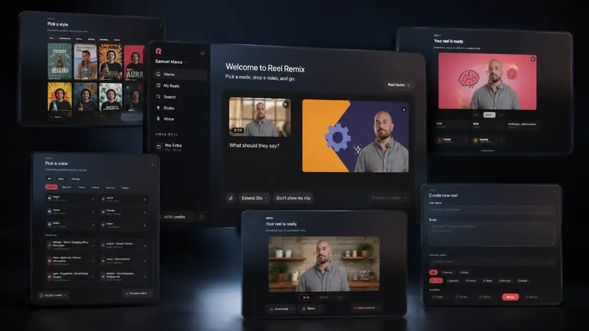 Reel Remix review composite showing AI video creation, remixing, captions and repurposing workflows