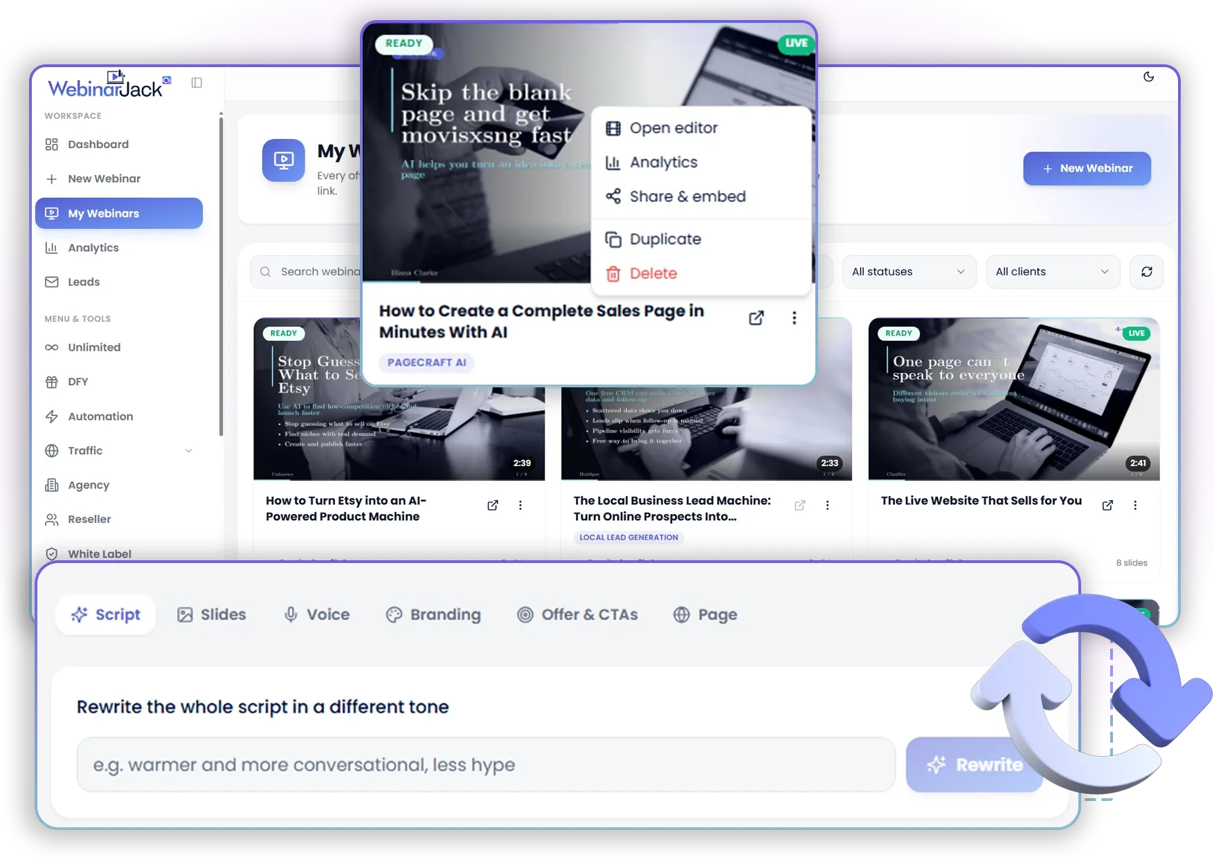 WebinarJack AI review analytics dashboard views watch time clicks