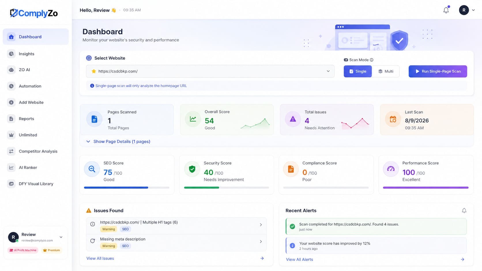 ComplyZo dashboard showing AI-powered fix suggestions and compliance scores