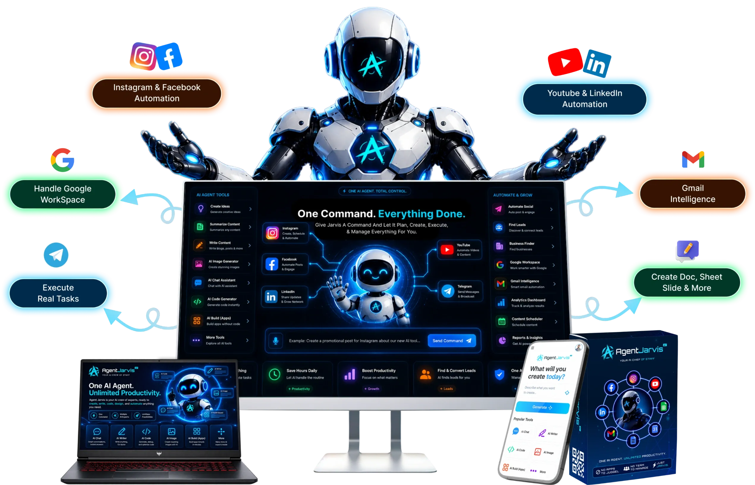 Agent Jarvis AI review — dashboard and Telegram command mockup